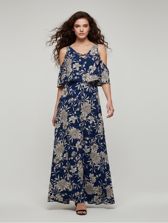 Dex Dresses & Skirts - DEX Cold Shoulder Maxi Dress Blue Dahlia Floral Tiered Ruffle V-Neck Size M